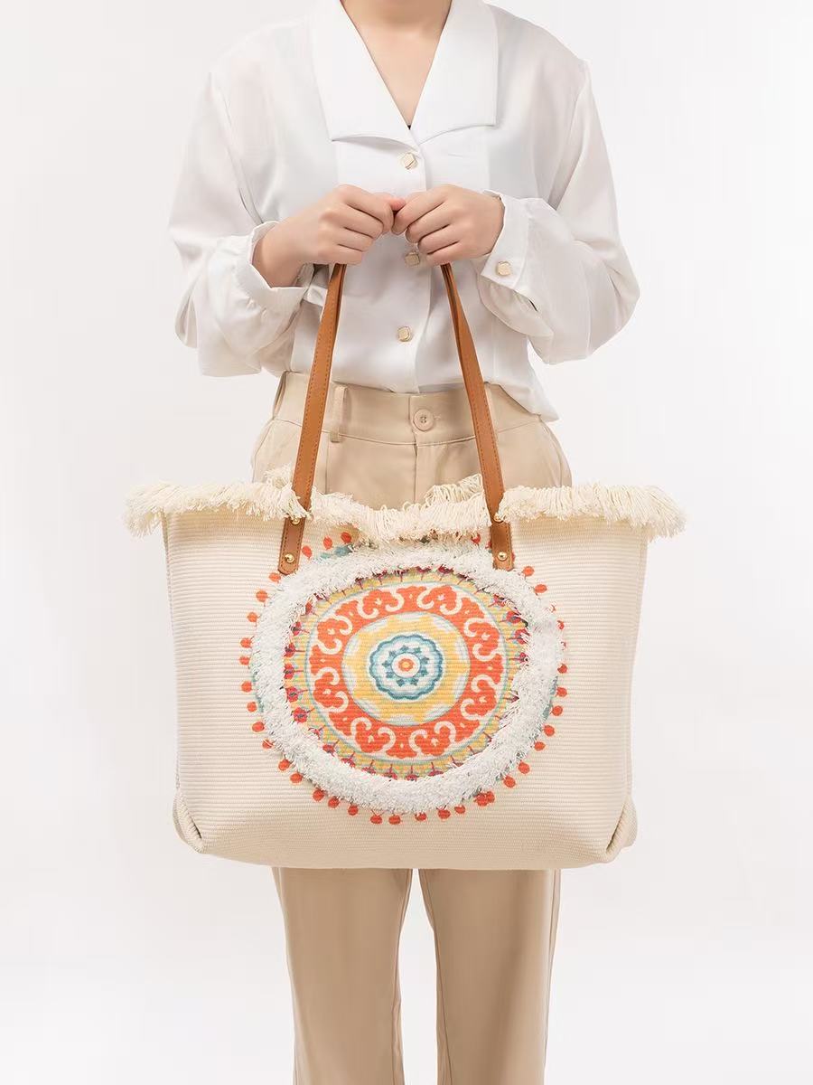 Women'S Raffia Bags - Renkli Mandala Yamalı Rafya Çanta, Kahverengi